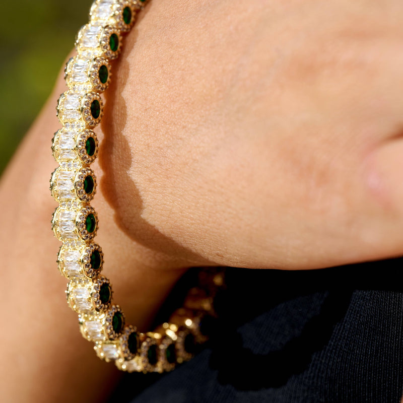 Emerald Iced Multi Dimensional Bangle Bracelet in Yellow Gold