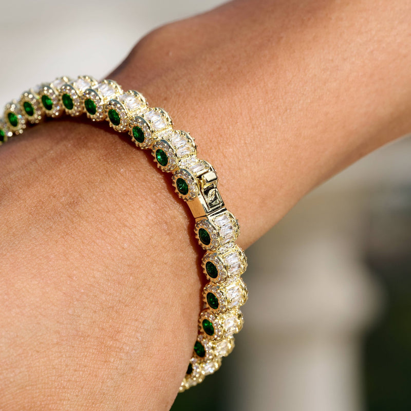 Emerald Iced Multi Dimensional Bangle Bracelet in Yellow Gold