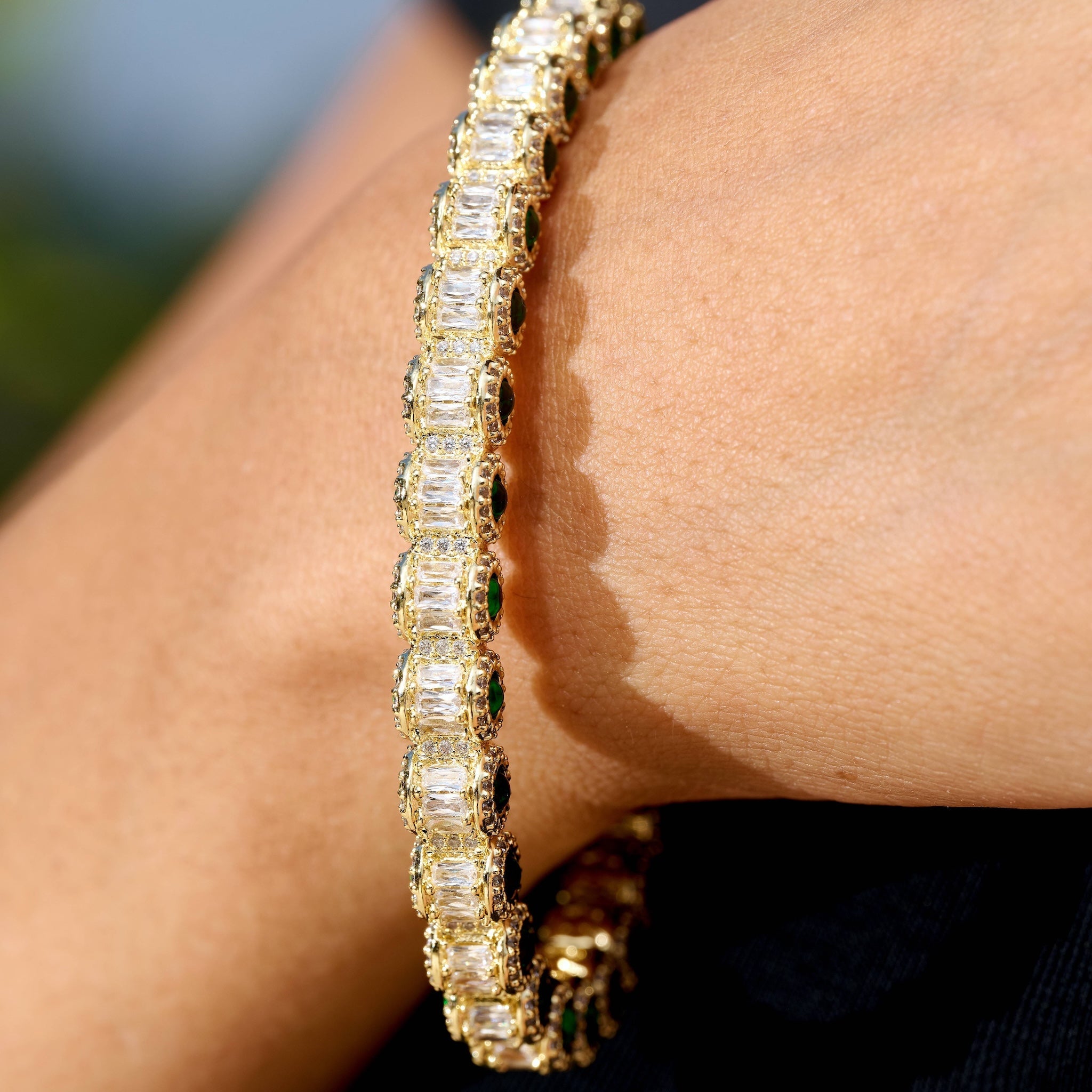 Emerald Iced Multi Dimensional Bangle Bracelet in Yellow Gold