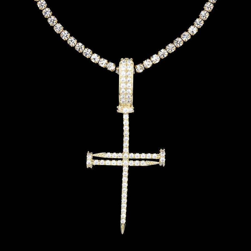 Iced Nail Cross in Yellow Gold