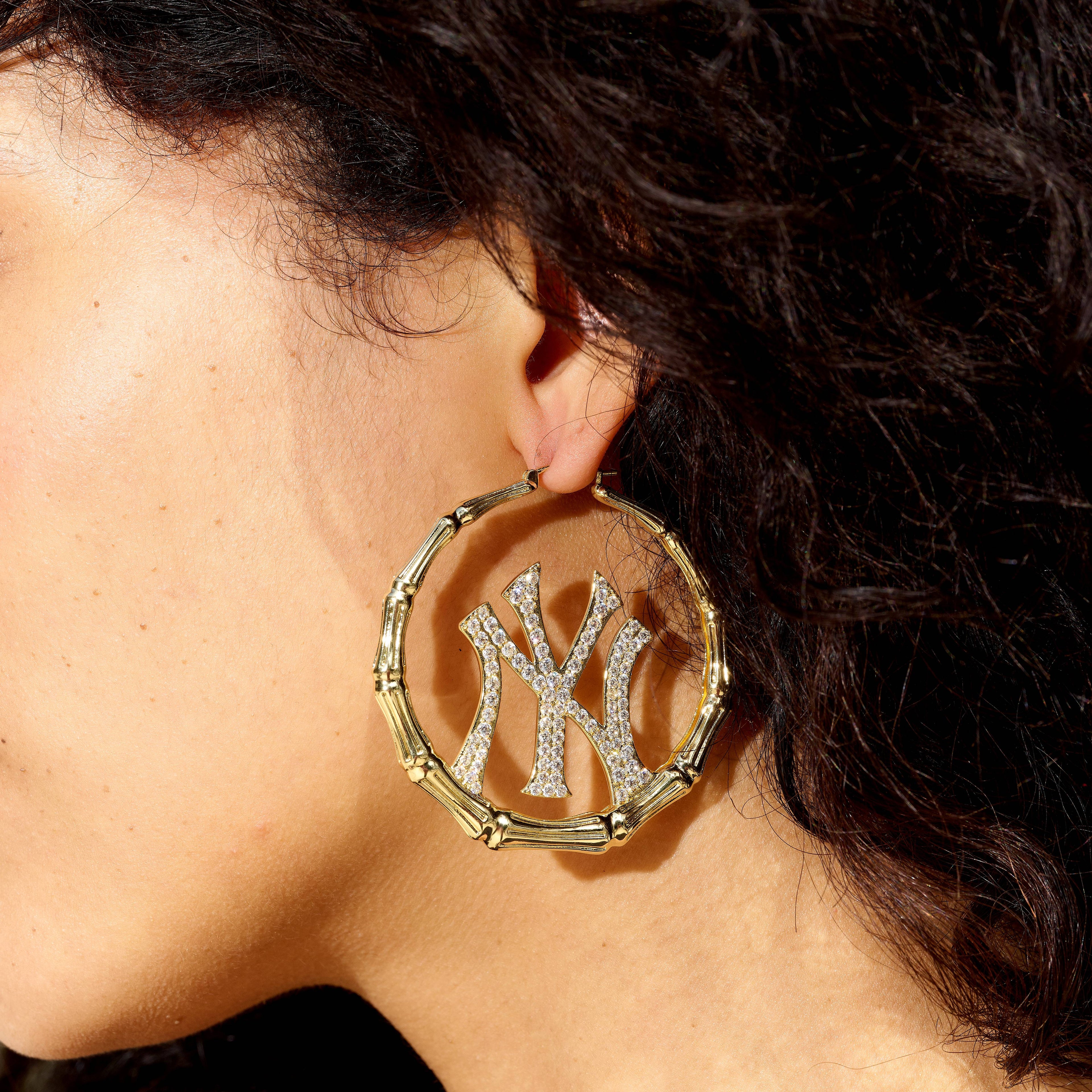 New York Yankees Official MLB Iced Bamboo Hoop Earring in Yellow Gold