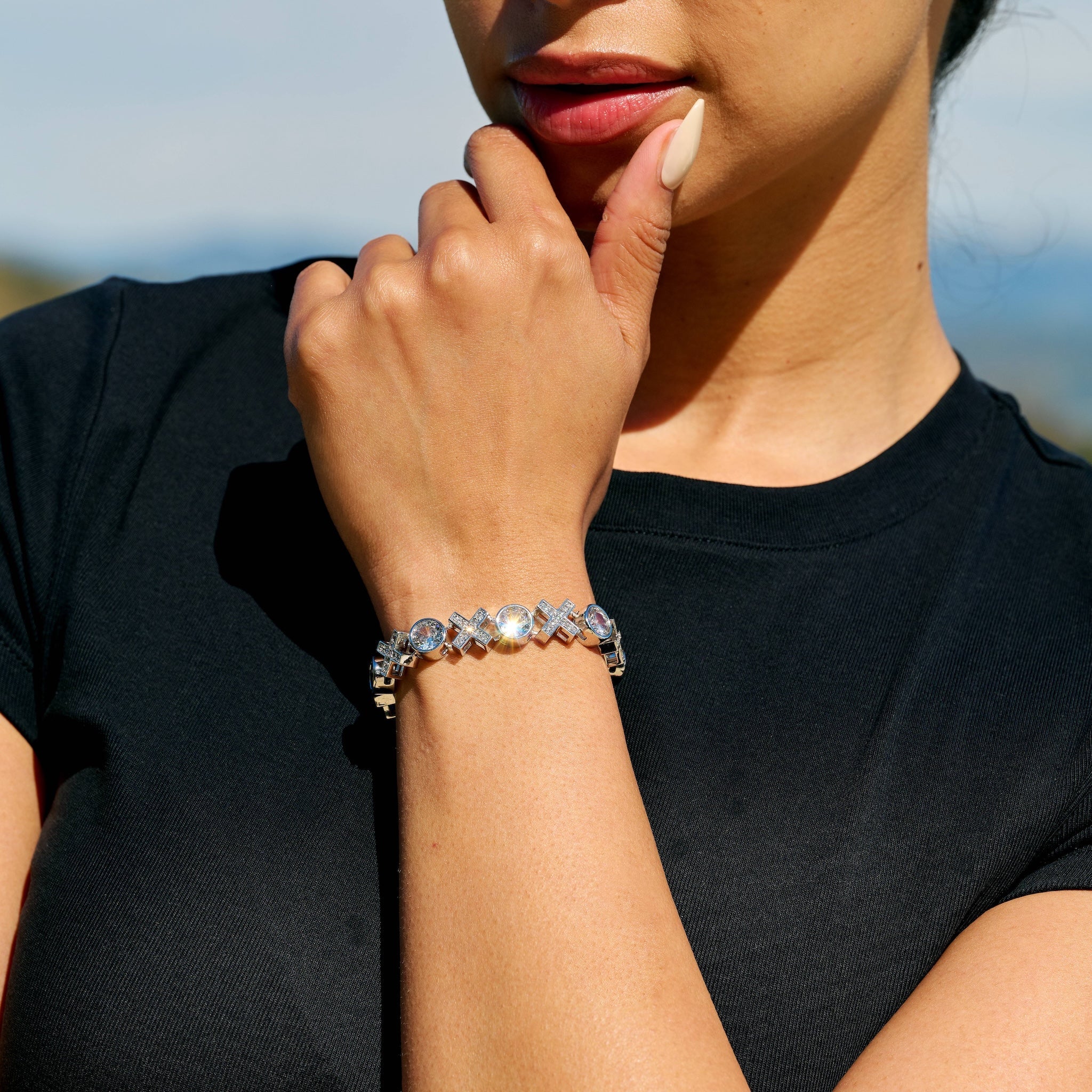 Iced XOXO Tennis Chain Bracelet in White Gold